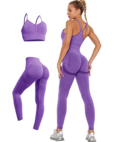 LUBERASU 2-teiliges nahtloses Workout-Set für Damen, Po-Lifting-Leggings mit gepolstertem, dehnbarem Sport-BH, Joggen, Yoga, Fitnessstudio, Outfits, Violett, M von LUBERASU