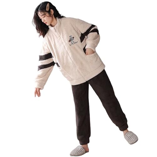 LUBOSE Damen-Schlafanzug aus Korallenfleece mit durchgehendem Reißverschluss, warmer und bequemer Schlafanzug, Damen-Pyjama, Freizeitkleidung, zweiteiliger Anzug. (XL, beige + schwarz) von LUBOSE