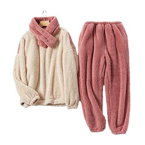 LUBOSE Damen-Schlafanzug für Herbst und Winter, Flanell, Pyjama-Set, warm, flauschig, Plüsch-Schlafanzug (XXL, beige + rot) von LUBOSE