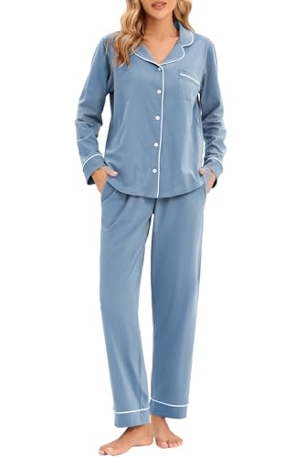 LUBOT 100% Baumwolle Schlafanzug für Damen, Lang Nachtwäsche Schlafanzüge Pyjamas Set mit Kragen knöpfen, weiche leichte Zweiteiler Pajamas Pjs Hausanzug Loungewear, Nebelblau S von LUBOT