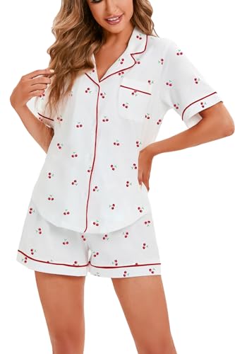 LUBOT 100% Baumwolle Schlafanzug für Damen kurz Sommer, Nachtwäsche Schlafanzüge Pyjamas Set mit Kragen knöpfen, weiche leichte Zweiteiler Pijamas Pjs Hausanzug Loungewear von LUBOT