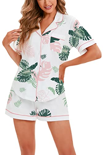 LUBOT 100% Baumwolle Schlafanzug für Damen, Kurz Nachtwäsche Schlafanzüge Pyjamas Set mit Kragen knöpfen, weiche leichte Zweiteiler Pajamas Pjs Hausanzug Loungewear, Pflanzen L von LUBOT