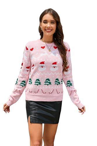 LUBOT 2024 neu Weihnachtspullover Damen Lustig Weihnachtspulli Ugly Christmas Sweater Rundhals mit Reindeer Weihnachts Pullover Weihnachtsoutfit, Rosa L von LUBOT