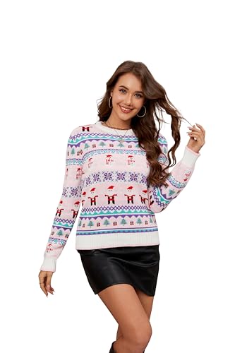 LUBOT 2024 neu Weihnachtspullover Damen Lustig Weihnachtspulli Ugly Christmas Sweater Rundhals mit Reindeer Weihnachts Pullover Weihnachtsoutfit, Rosa Rot M von LUBOT