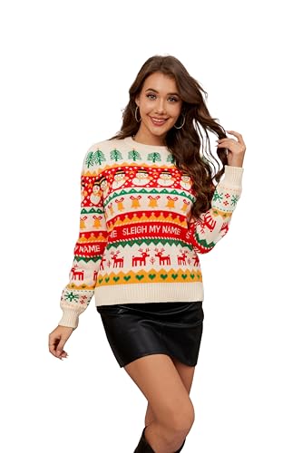 LUBOT 2024 neu Weihnachtspullover Damen Lustig Weihnachtspulli Ugly Christmas Sweater Rundhals mit Reindeer Weihnachts Pullover Weihnachtsoutfit, Rot XXL von LUBOT
