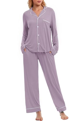 LUBOT Damen-Pyjama-Set, Pyjama-Set, Knopfleiste, Nachtwäsche, weich, zweiteilig, langärmelig, kurzärmelig, Loungewear-Set, S-XXL, Lavendel, L von LUBOT