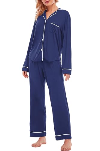 LUBOT Damen Pyjama Set Schlafanzug Nachtwäsche Zweiteiliger Lang Hose und Tops Modal Weich Damen Lounge Sets Pajamas Blau M von LUBOT