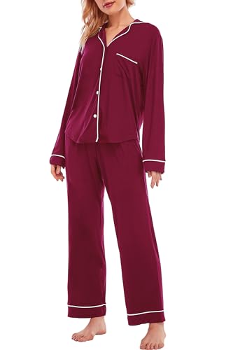 LUBOT Damen Pyjama Set Schlafanzug Nachtwäsche Zweiteiliger Lang Hose und Tops Modal Weich Damen Lounge Sets Pajamas Weinrot XL von LUBOT