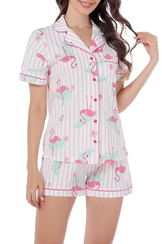 LUBOT 100% Baumwolle Schlafanzug für Damen, Kurz Nachtwäsche Schlafanzüge Pyjamas Set mit Kragen knöpfen, weiche leichte Zweiteiler Pajamas Pjs Hausanzug Loungewear, Flamingo M von LUBOT