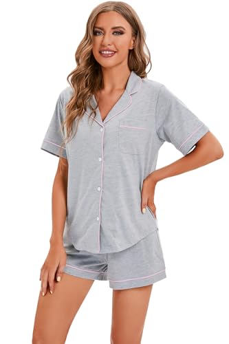 LUBOT 100% Baumwolle Schlafanzug für Damen, Kurz Nachtwäsche Schlafanzüge Pyjamas Set mit Kragen knöpfen, weiche leichte Zweiteiler Pajamas Pjs Hausanzug Loungewear, Hellgrau M von LUBOT