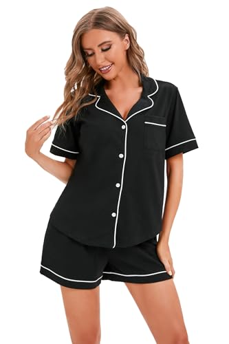 LUBOT 100% Baumwolle Schlafanzug für Damen kurz Sommer, Nachtwäsche Schlafanzüge Pyjamas Set mit Kragen knöpfen, weiche leichte Zweiteiler Pijamas Pjs Hausanzug Loungewear von LUBOT