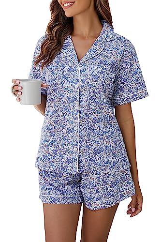 LUBOT Schlafanzug für Damen Gewebt, 100% Baumwolle Kurz Pyjamas mit Knopfleiste, Zweiteiliger Schlafanzuge für Frauen Sommer, knitterfrei & atmungsaktiv (Beeren, L) von LUBOT