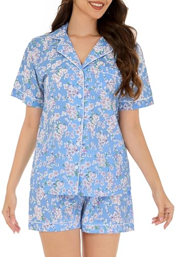 LUBOT Schlafanzug für Damen Gewebt, 100% Baumwolle Kurz Pyjamas mit Knopfleiste, Zweiteiliger Schlafanzuge für Frauen Sommer, knitterfrei & atmungsaktiv (Sakura, S) von LUBOT