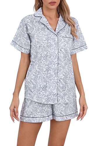 LUBOT Schlafanzug für Damen Gewebt, 100% Baumwolle Kurz Pyjamas mit Knopfleiste, Zweiteiliger Schlafanzuge für Frauen Sommer, knitterfrei & atmungsaktiv (Skizzblatt skizzieren, M) von LUBOT