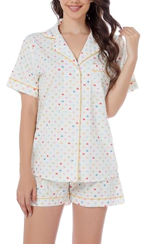 LUBOT Schlafanzug für Damen Gewebt, 100% Baumwolle Kurz Pyjamas mit Knopfleiste, Zweiteiliger Schlafanzuge für Frauen Sommer, knitterfrei & atmungsaktiv (farbenfrohe Herzen, L) von LUBOT