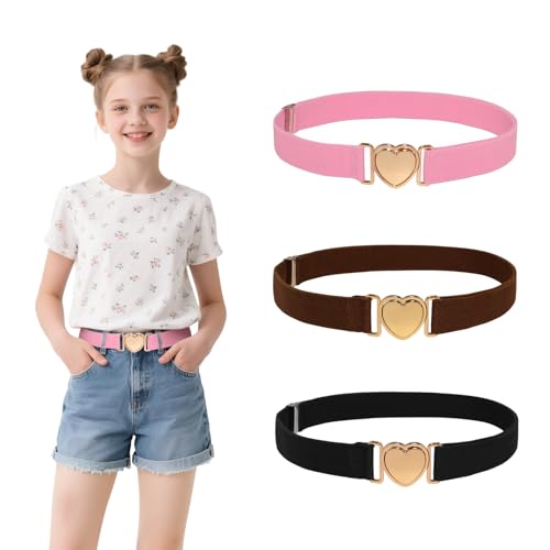 LUBOXIN 3 Stück Gürtel Kinder, Kindergürtel Mädchen mit Herzform Schnalle, Verstellbare Elastische Taillengürtel, Modischer Kindergürtel, Gürtel Kinder für Kleider Jeans Hose(Schwarz + Braun + Pink) von LUBOXIN