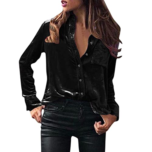 LUBTYOLOVE Damen Bluse Satin/Gold Samt Seide V-Ausschnitt Hemden Elegant Langarm Business Oberteile mit Knöpfen Tops Lose Langarmshirt Casual Bluse Langarm Button-Down Hemdbluse Business S-XXL von LUBTYOLOVE