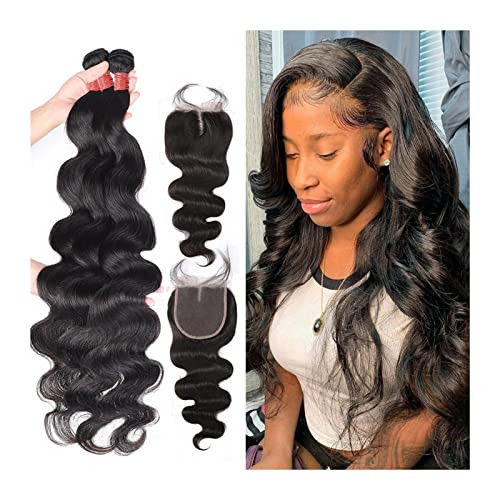 Echthaarbündel Body Wave 3 PCs Schuss & 1 PC Verschlussbündel Peruanische Haare Webart Bündel mit 4x4 Spitze Verschluss Remy Human Haare Gewebt Bündel for schwarze Frauen Haarverlängerungen (Size : 4 von LUCBEI