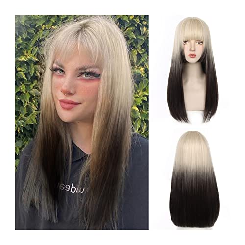 Perücken Perücke mit langem glattem Haar und Pony, blonder Farbverlauf, schwarz, grau, gerade Perücke, natürliche, hitzebeständige, synthetische Partykostüm-Cosplay-Perücke for Frauen Für die tägliche von LUCBEI