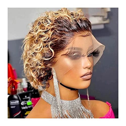 Perücken Pixie Cut 13 × 1 Lace Frontal Wig Short Spring Curl Echthaarperücke for Frauen Brasilianisches Remy-Haar Transparente Lace Front Perücke perücke fasching (Color : 1B 27, Size : Pixie Cut Wi von LUCBEI