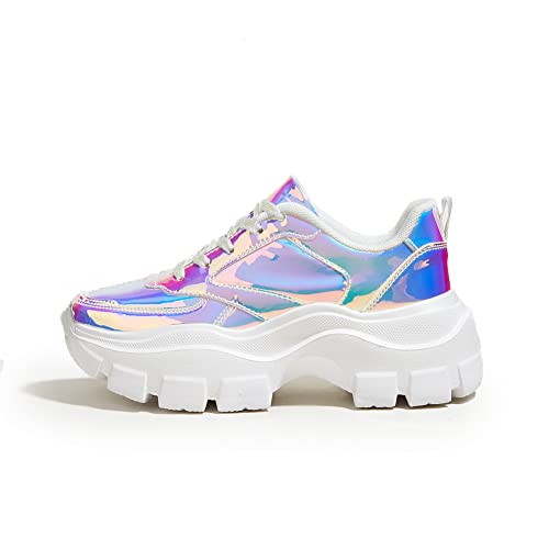 LUCK STEP Damen Chunky Sneaker Dicke Sohle Plattform Sneakers Alltag Schnüren Wanderschuhe(Weißes Hologramm01,8US-38EU-5UK) von LUCK STEP