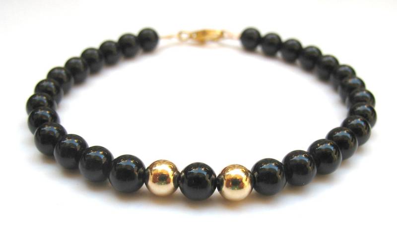 14 K Massive Gelbgold Perlen Onyx Armband von LUCKANDSOUL