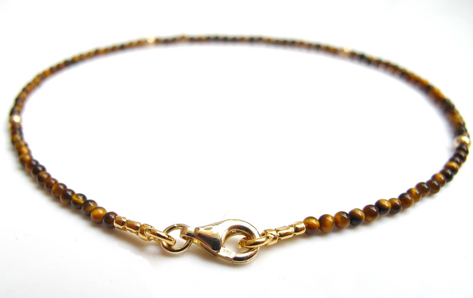 14 K Solid Gold Kleine Perlen Tigerauge Edelstein Perle Armband Echter Armreif von LUCKANDSOUL