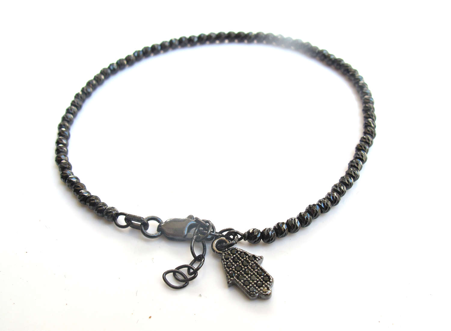 Diamanten Schneiden 925 Sterling Silber Perlen Armband Rhodium Beschichtet Schwarz Hamsa Charme von LUCKANDSOUL
