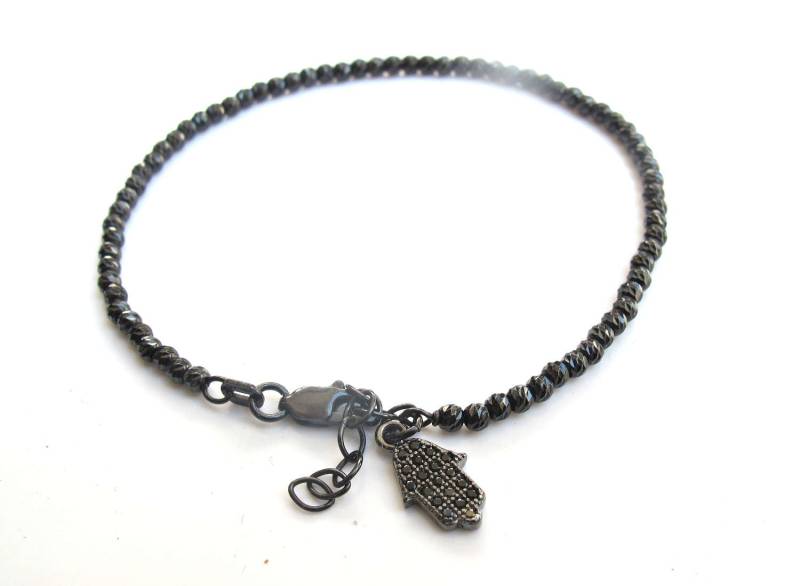 Diamanten Schneiden 925 Sterling Silber Perlen Armband Rhodium Beschichtet Schwarz Hamsa Charme Diamanten Schneiden 925 Sterling Silber Perlen Armband Rhodium Beschichtet Schwarz Hamsa Charme von LUCKANDSOUL