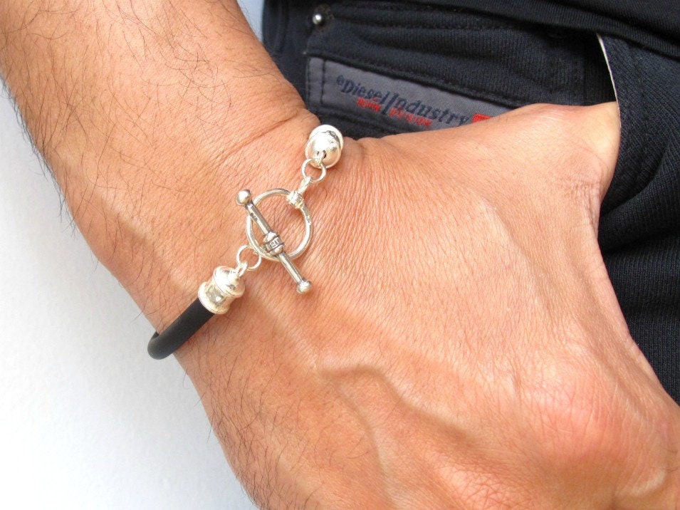 Schwarze Gummi Runde Schnur Armband 925 Sterling Silber Knebel Verschluss Armreif Männer Neu von LUCKANDSOUL