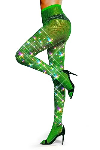 LUCKELF Ultra glitzernde Netzstrumpfhose, Übergröße, Strass, Strümpfe, für Damen, Karneval, Party, Konzert, Outfit, Grün , L von LUCKELF