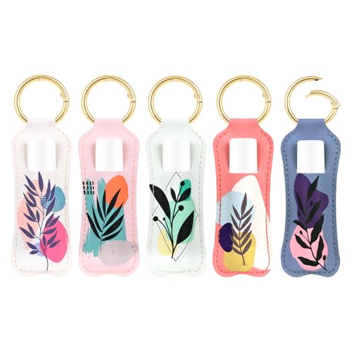 LUCKINEE Lippenstift-Halter aus PU-Leder, weiches Leder, Lippenbalsam-Halter, Schlüsselanhänger, Lipgloss-Halter, Schlüsselanhänger, 5 x Blumendruck, Medium von LUCKINEE