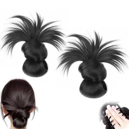 2 Stück Clip-on Feathered Bun Perücke, Hgyugrf Unordentlicher Dutt Haarteils, Claw Clips Unordentlicher Dutt Haarteil, Perücke Damen Clip in Extensions Echthaar Haarteil Pferdeschwanz (Schwarz) von LUCKKY
