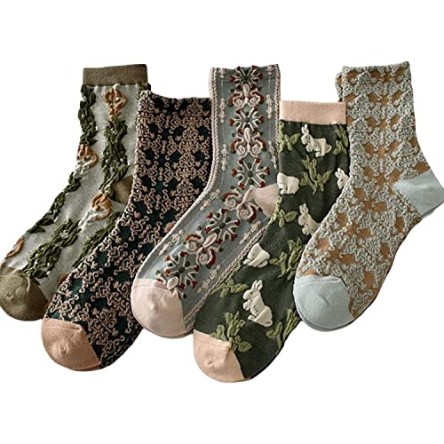 5 Paar Geblümte Damensocken aus Baumwolle,Vintage Bestickte Blumensocken,Warme Wintersocken,Damen Frauen niedliche Spitzensocken Retro Blumenmuster Blumen Baumwolle Socken,Blumen Vintage Crew Socken von LUCKKY