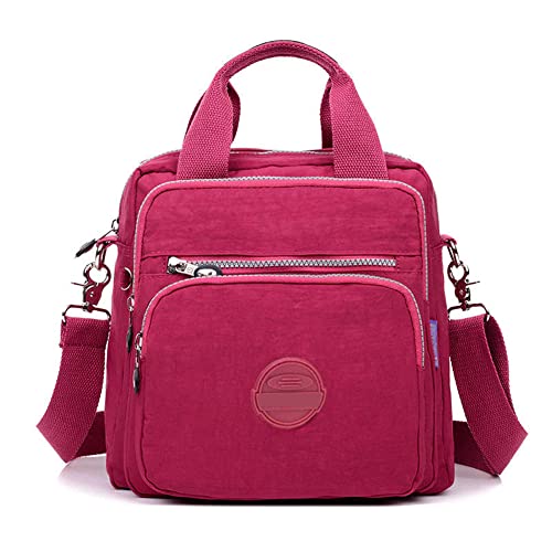 LUCKKY Mehrschichtiger Wasserdichter Rucksack Aus Nylon,Schultertasche Damen Wasserdicht Nylon Kleiner Rucksack,Mädchen Multifunktions wasserdichte Nylon Top Griff Handtasche Crossbody Satchel (Rosa) von LUCKKY