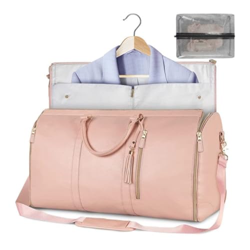 LUCKKY Multifunktionale Gepäck-Kleidertasche, Anzugtasche, Handgepäck Kleidertasche, Kleidersack Reisetasche Anzugsack Umhängetasche für Damen, Wandelbarer Kleidersack aus Leder (Rosa) von LUCKKY