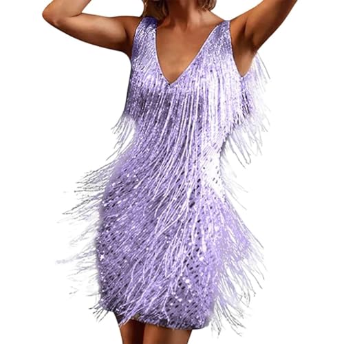 Sexy Princess Style V-Neck Slip Dress, Sexy Prinzessin Stil V-Ausschnitt Slip Kleid, Damen Pailletten Fransenkleid, Tanzkleid mit V-Ausschnitt Fransen, Ärmellos figurbetontes Kleid (XL, Lila) von LUCKKY