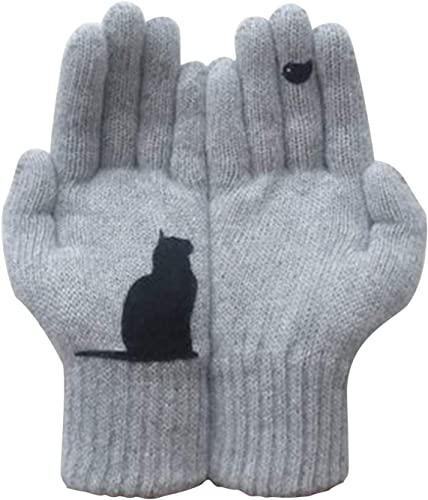 Stehaufe Handschuhe aus Baumwolle im Katzenstil,Warme Strickhandschuhe,Frauen Männer Herbst Winter StrickGloves Mit Katze Und Fisch Motiv,Warme Handschuhe,Warm und Winddicht Winterhandschuhe (grau) von LUCKKY