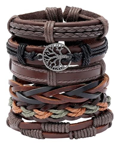 LUCKLISA Lederarmbänder, Set Sechs Echtes Leder Baum Leben Armbänder, Gemischte Wickelarmbänder für Männer und Frauen, Hanfseil Holzperlen Ethnische Stammesarmbänder Leder Handgelenk Armbänder von LUCKLISA