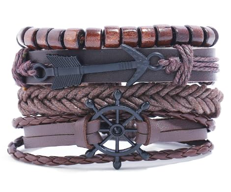 LUCKLISA Lederarmbänder, Set mit vier Echtleder-Lebensbaum-Armbändern, gemischte Wickelarmbänder für Männer und Frauen, Hanfseil Holzperlen Ethnische Stammesarmbänder Leder Handgelenkarmbänder von LUCKLISA