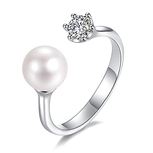 LUCKMORA Perlenringe in Schmuck 925 Sterling Silber für Damen Frauen Mädchen Weißen Runde Süßwasserperle Zirkonia Vergoldet Offene Ringe Echt Perlen Verstellbare (1D) von LUCKMORA