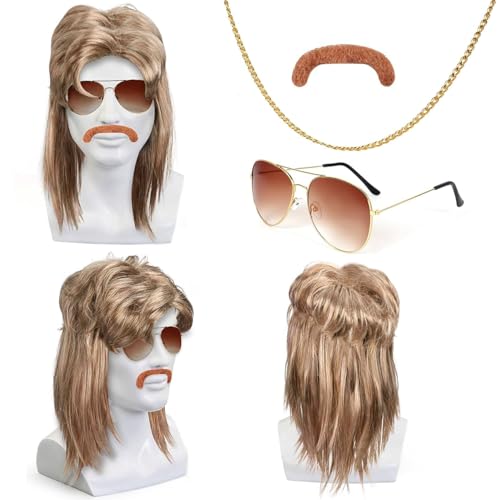 LUCKNIGHT Vokuhila Perücke Herren 4er Set, 80er 90er Jahre Outfit Accessoires Herren, mit Perücken Wig Sonnenbrille Halskette Bart, für Karneval Halloween Disco Männer Perücke Kostüm Party LUCKNIGHT Vokuhila Perücke Herren 4er Set, 80er 90er Jahre Outfit Accessoires Herren, mit Perücken Wig Sonnenbrille Halskette Bart, für Karneval Halloween Disco Männer Perücke Kostüm Party von LUCKNIGHT