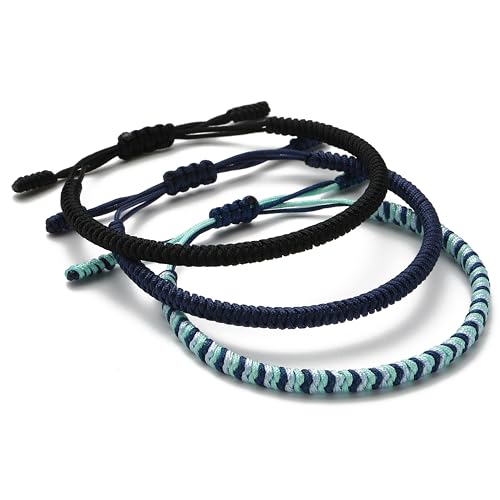 LUCKY BUDDHIST - 3 Glücksbringer-Armbänder + buddhistisches Geschenk! Tibetische Farbseil-Freundschaftsarmbänder für Männer, Frauen, Teenager Verstellbare Größe, handgefertigt - Bleu Épais, Noir, Bleu von LUCKY BUDDHIST