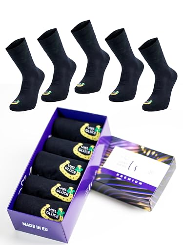 Hochwertige Herren- und Damensocken im 5er-Pack in Schöner Geschenkbox – Klassische, Atmungsaktive Socken aus Gekämmter Baumwolle in schwarzer Farbe mit Hufeisen-Design(Größenbereich 39-42) von LUCKY SOCKS LS