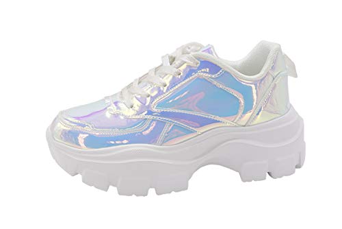 LUCKY STEP Damen 90er Jahre Chunky Plateau Reflektierende Sneakers – Weiß Hologramm Casual Schnürschuh Walking Dad Sneakers, Weißes Hologramm, 39 EU von LUCKY STEP