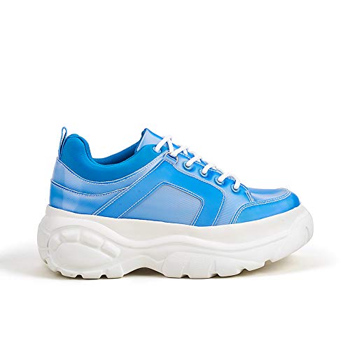 LUCKY STEP Damen Chunky Plateau Dad Colorblock Weiß Neon Grün Fuchsia Hologramm Silber Casual Schnürschuhe Walking Sneakers, Blau (blau), 42 EU von LUCKY STEP