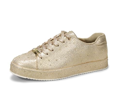 LUCKY STEP Damen Glitzer Sneaker mit Platform Strasssteinen | Funkelnde Glitzernde Hochzeits-Brautschuhe für Damen (Goldener Strassstein, 7US-37EU-4UK) von LUCKY STEP