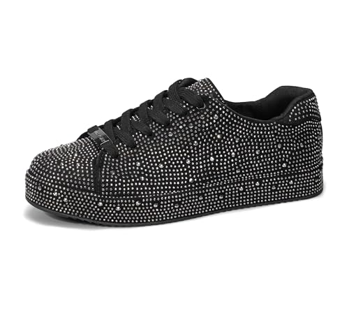 LUCKY STEP Damen Glitzer Sneaker mit Platform Strasssteinen | Funkelnde Glitzernde Hochzeits-Brautschuhe für Damen (Schwarz/Zinn Strass, 11US-42EU-9UK) von LUCKY STEP