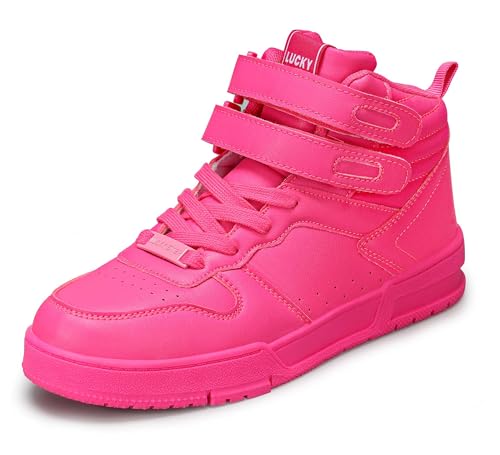 LUCKY STEP Damen-High-Top-Sneaker Basketball-Stiefeletten Turnschuhe mit Klettverschluss - lässige Kunstleder-Sneaker (Heißes Rosa, 7US-37EU-4UK) von LUCKY STEP