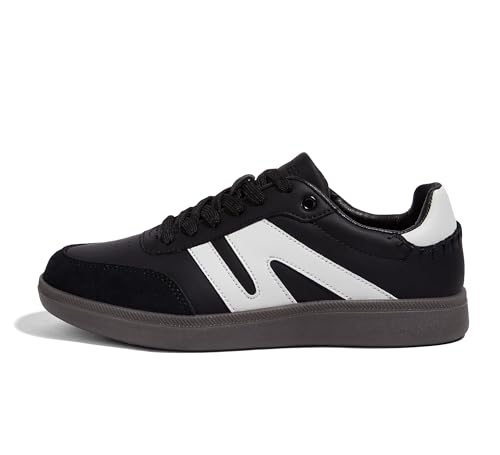 LUCKY STEP Damen Klassische Retro Sneaker mit Gummisohle - Modische Leder-Freizeitschuhe für Tennis und Skateboarden, rutschfeste Turnschuhe (Schwarz, 10US-41EU-8UK) von LUCKY STEP